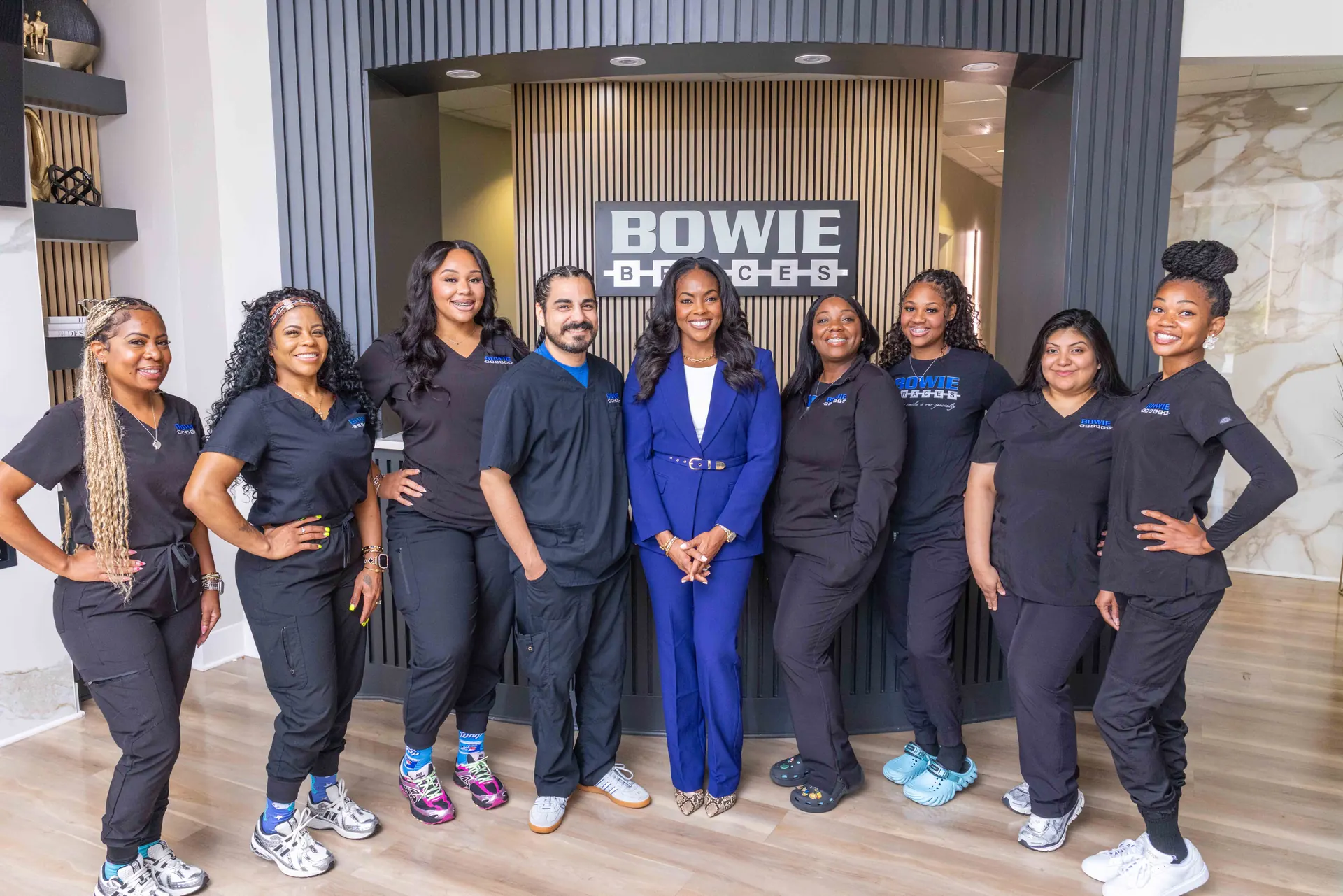 The Bowie Braces clinical and front office team in the practice lobby